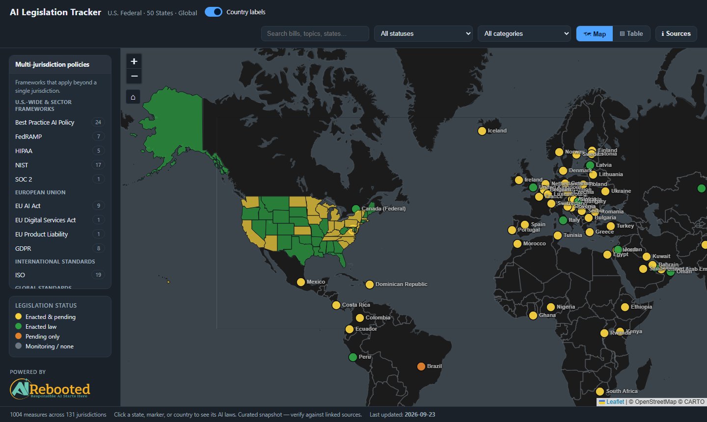 The AI Legislation Map showing U.S. states shaded by legislation status and markers for countries in Europe, Africa, and the Americas
